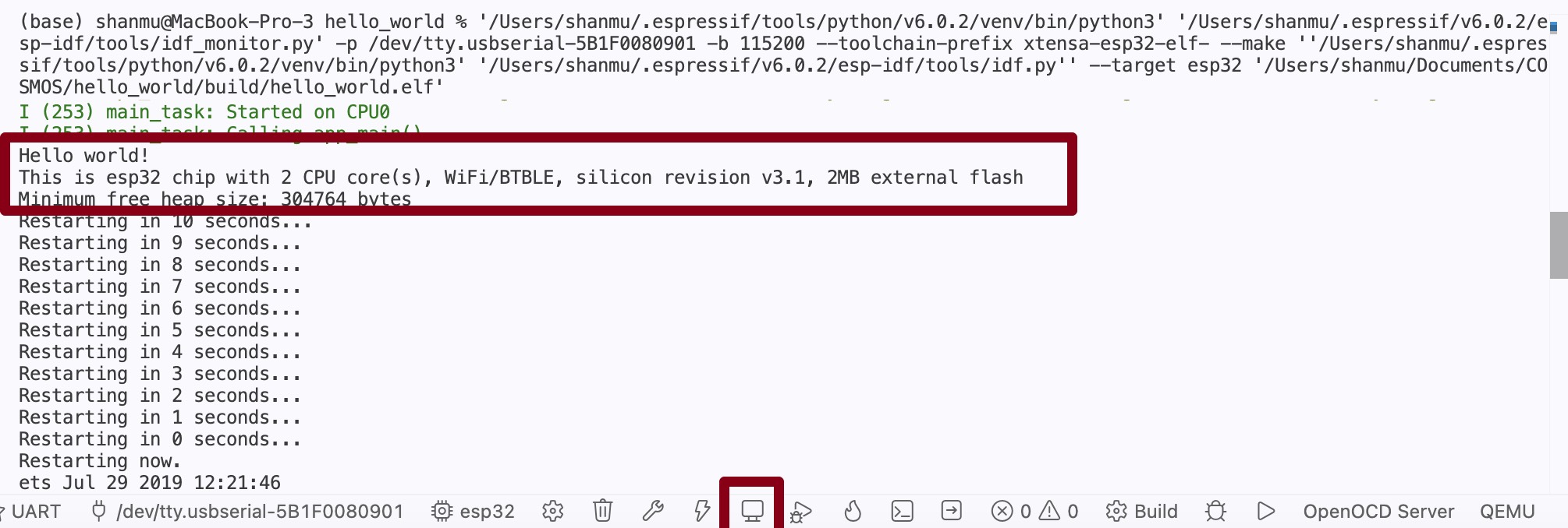 Hello world monitor output
